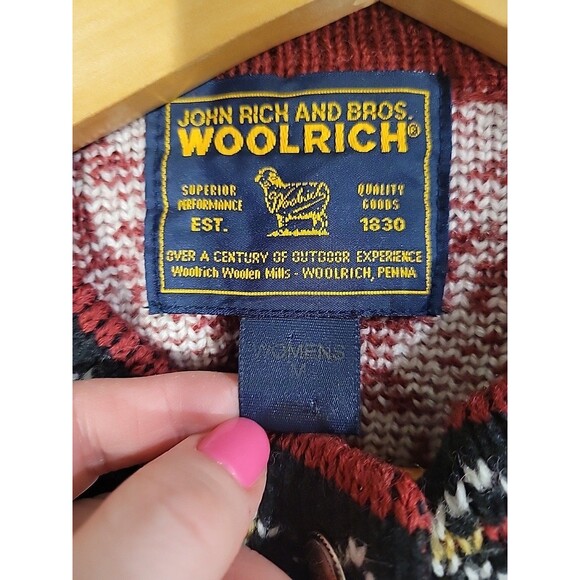 Woolrich Cardigan Sweater Wool Knit Blend Nordic Fair Isle Snowflake Print Red M - Picture 5 of 7